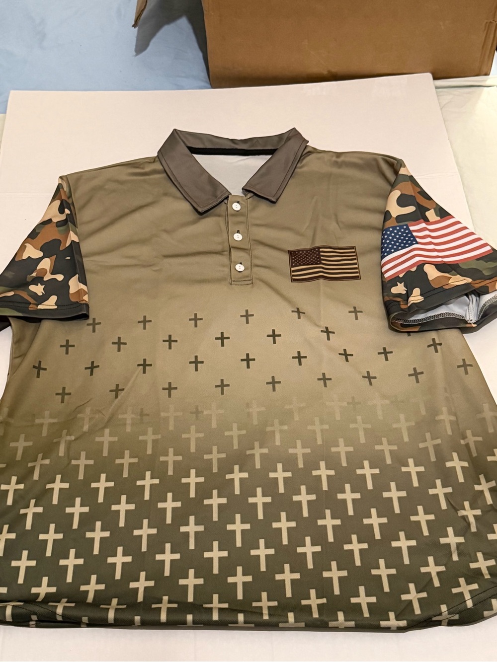 I57/I58 (2) XL Men's Olive Green Camo Sleeve Polo Shirt with Flag Patch